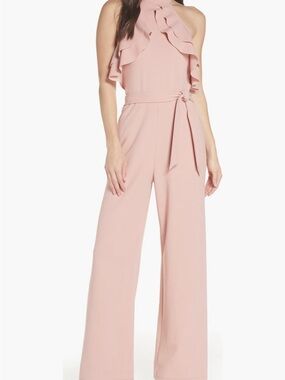 Avec Les Filles One-Shoulder Ruffle Wide-Leg Jumpsuit in Blush